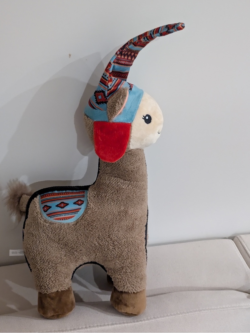 Plush Brown Llama Decorative Pillow with Colorful Ear and Saddle Accents
